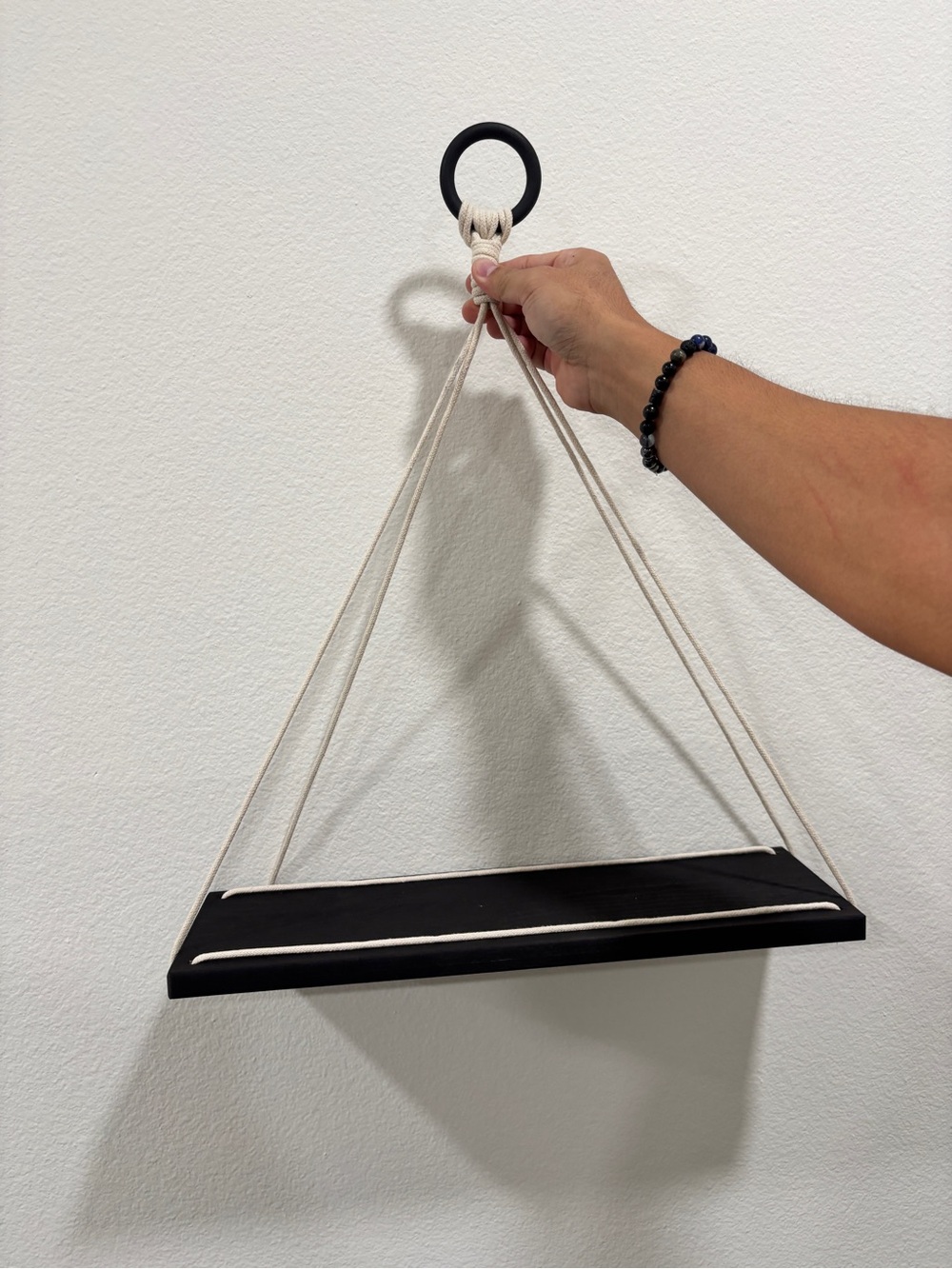 Handcrafted Black Hanging Wall Shelf with Cream Rope SET OF 2